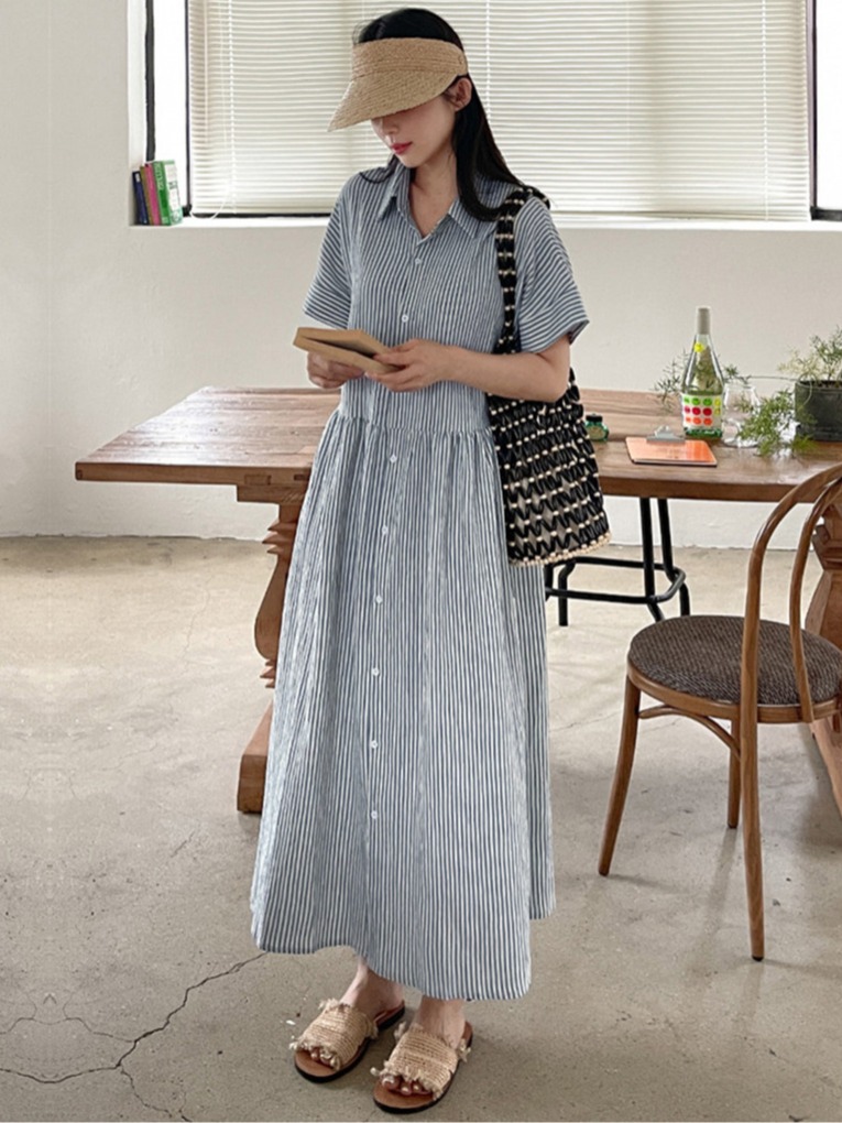 Casual Loose Linen Shirt Dress - เดรสเชิ้ตลายทางสไตล์เกาหลีแบบเรโทรทรงหลวมใส่แล้วดูผอมเพรียว ชุดเดรสลำลองไซส์ใหญ่สำหรับผู้หญิง ผ้าฝ้ายลินิน กระโปรงยาวทรงเอไลน์