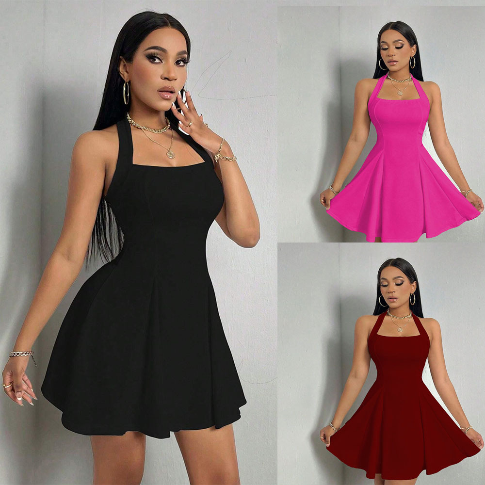 Y2K Backless Halter Mini Dress - ชุดเดรสสั้นทรงเอไลน์แบบเปิดหลัง สายคล้องคอ เซ็กซี่ สไตล์ Y2K สำหรับผู้หญิง