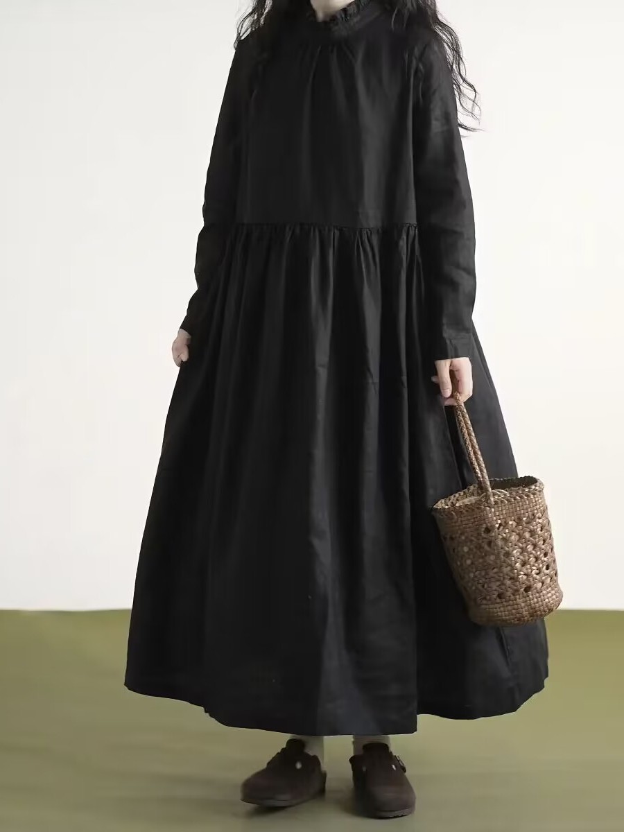 Casual Loose Linen Shirt Dress - เดรสผ้าลินินแขนยาว คอปกผ้าลูกไม้สีดำ สไตล์ใหม่สำหรับฤดูใบไม้ร่วงของผู้หญิง ทรงเข้ารูปสไตล์อาร์ต เดรสเชิ้ต ลำลอง