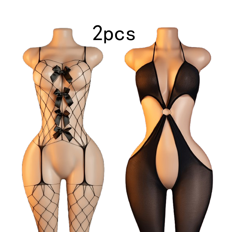 Lingerie - ชุดสองชิ้น – บอดี้สูทตาข่ายเซ็กซี่ดีไซน์เว้าช่วงต่างๆ; ชุดชั้นในซีทรู แขนกุด กระชับรูปร่าง;