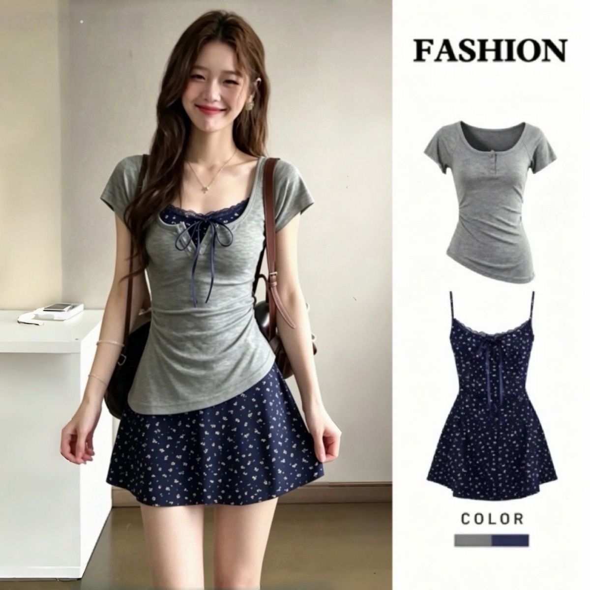 Korean Style A Line Shirt Dress - ชุดเซ็ตสองชิ้น เสื้อยืดและเดรสสายเดี่ยวลูกไม้สไตล์ฝรั่งเศสทรงเข้ารูปสำหรับผู้หญิง ดีไซน์หวานสไตล์เกาหลีประดับโบว์ เหมาะสำหรับฤดูร้อน