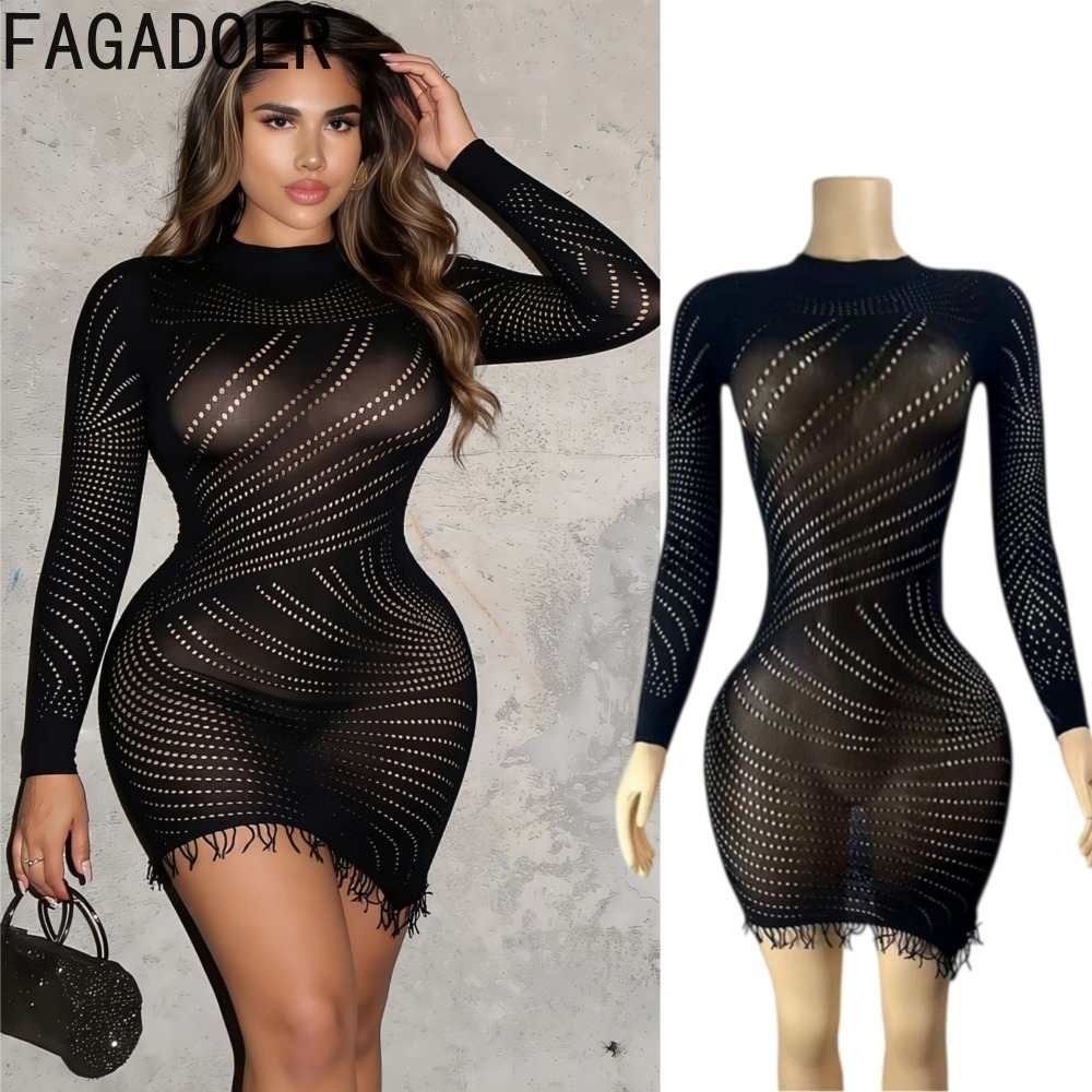 Sexy Mesh Sheer Bodycon Dress - FAGADOER มินิเดรสเข้ารูปเซ็กซี่สำหรับผู้หญิง ผ้าถักซีทรูฉลุลาย แขนยาว คอตั้ง ลายเรขาคณิต