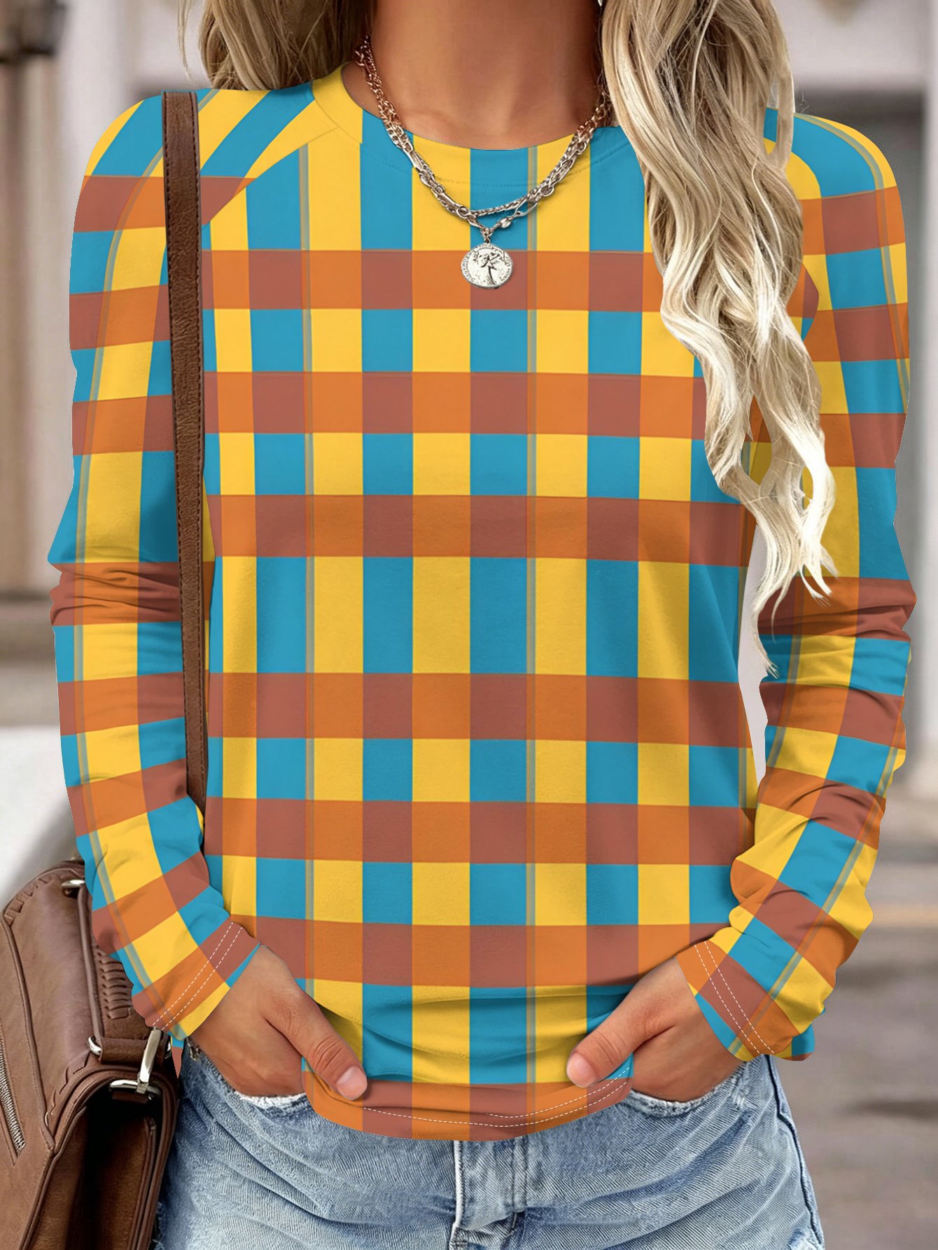 Blouses - เสื้อเชิ้ตแขนยาวสำหรับผู้หญิง ลายตารางสีเหลือง น้ำเงิน น้ำตาล คอกลม แขนแร็กแลน