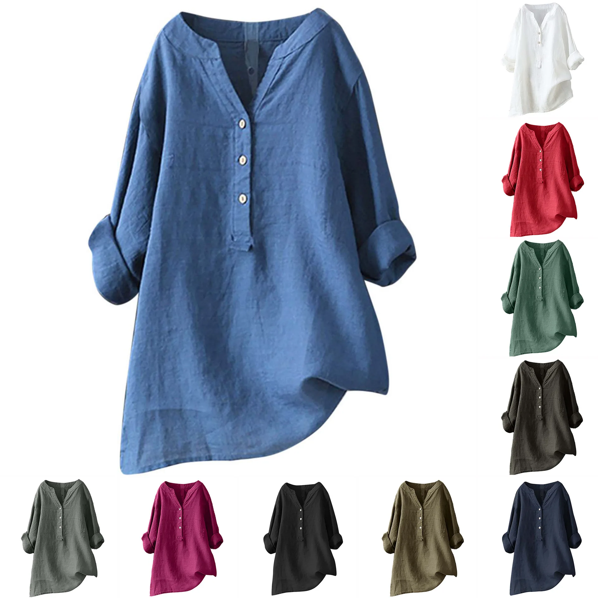 Casual Loose Linen Shirt Dress - เสื้อเชิ้ตผ้าฝ้ายผสมผ้าลินิน ใส่ได้ทั้งชายและหญิง สำหรับฤดูใบไม้ผลิและฤดูร้อน คอวี แขนยาวทรงโคมไฟ ทรงหลวม