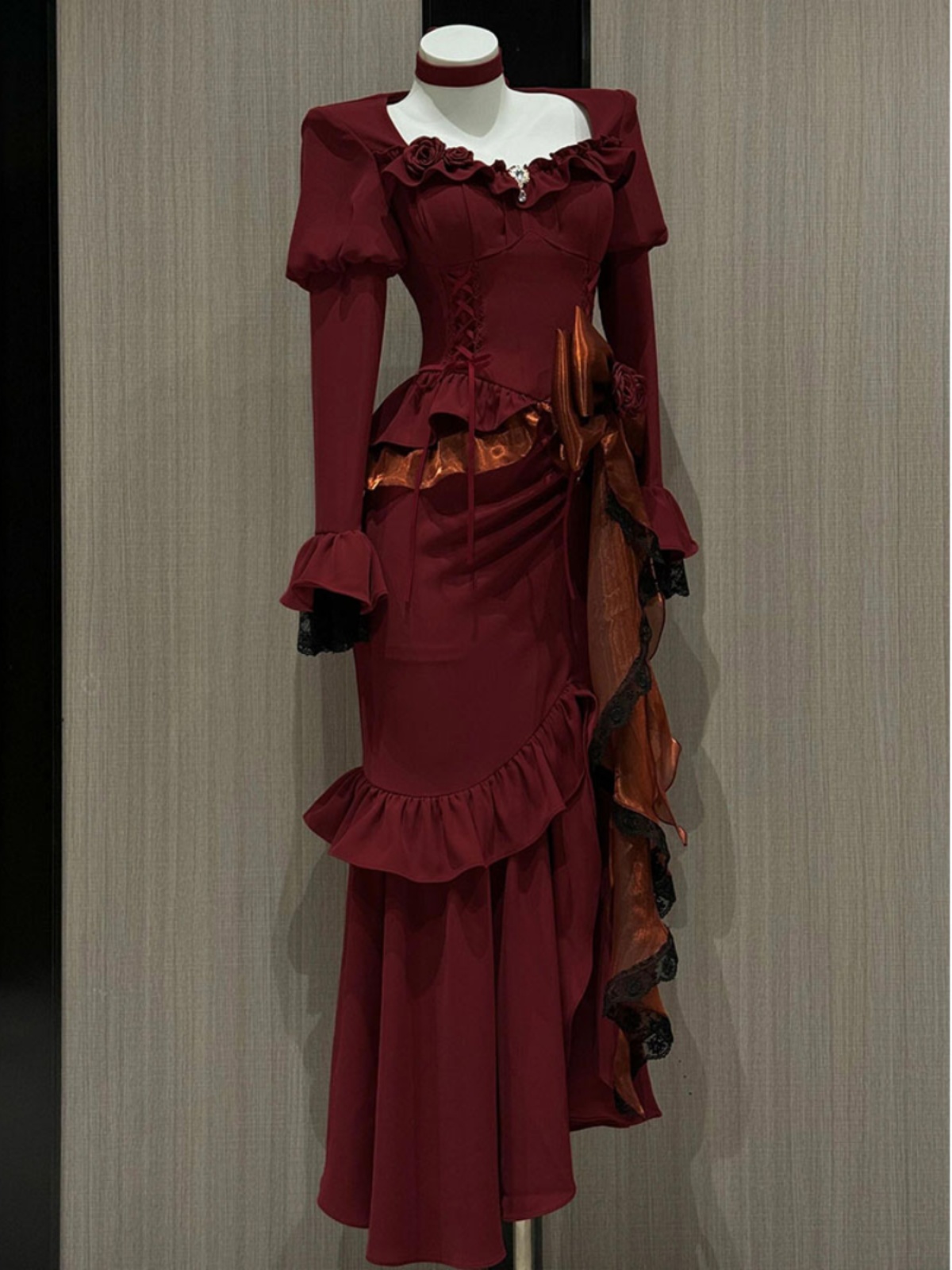 French Vintage Floral Midi Dress - ฤดูใบไม้ผลิสีแดงชุดวินเทจผู้หญิงลูกไม้ Retro Retro ชุดราตรีหรูหราชุดหญิงแขนยาว Chic Midi