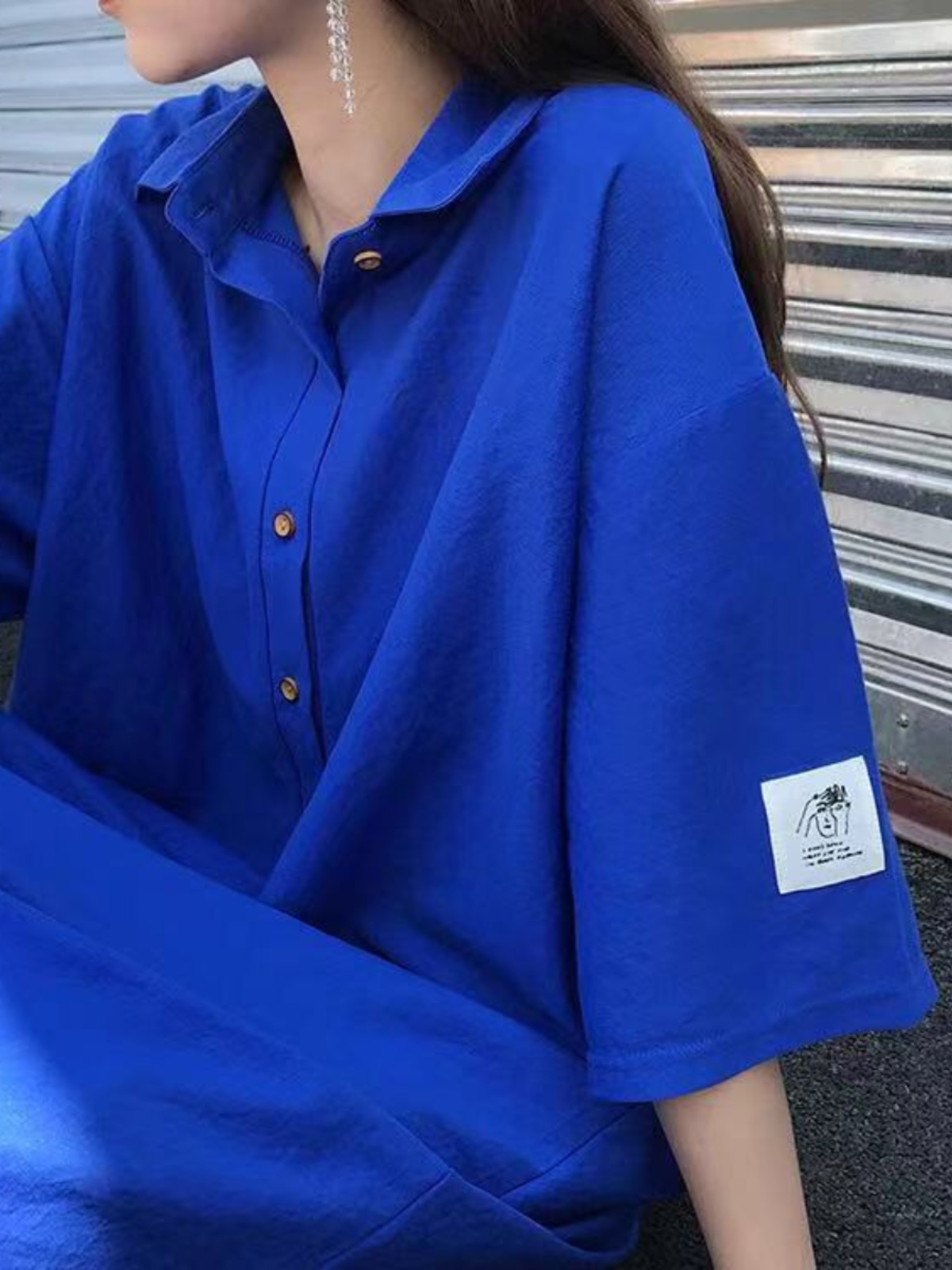 Korean Style A Line Shirt Dress - เดรสเชิ้ตไซส์ใหญ่ ช่วยพรางหุ่น ปิดหน้าท้อง ความยาวปานกลาง สีฟ้า แขนสั้น