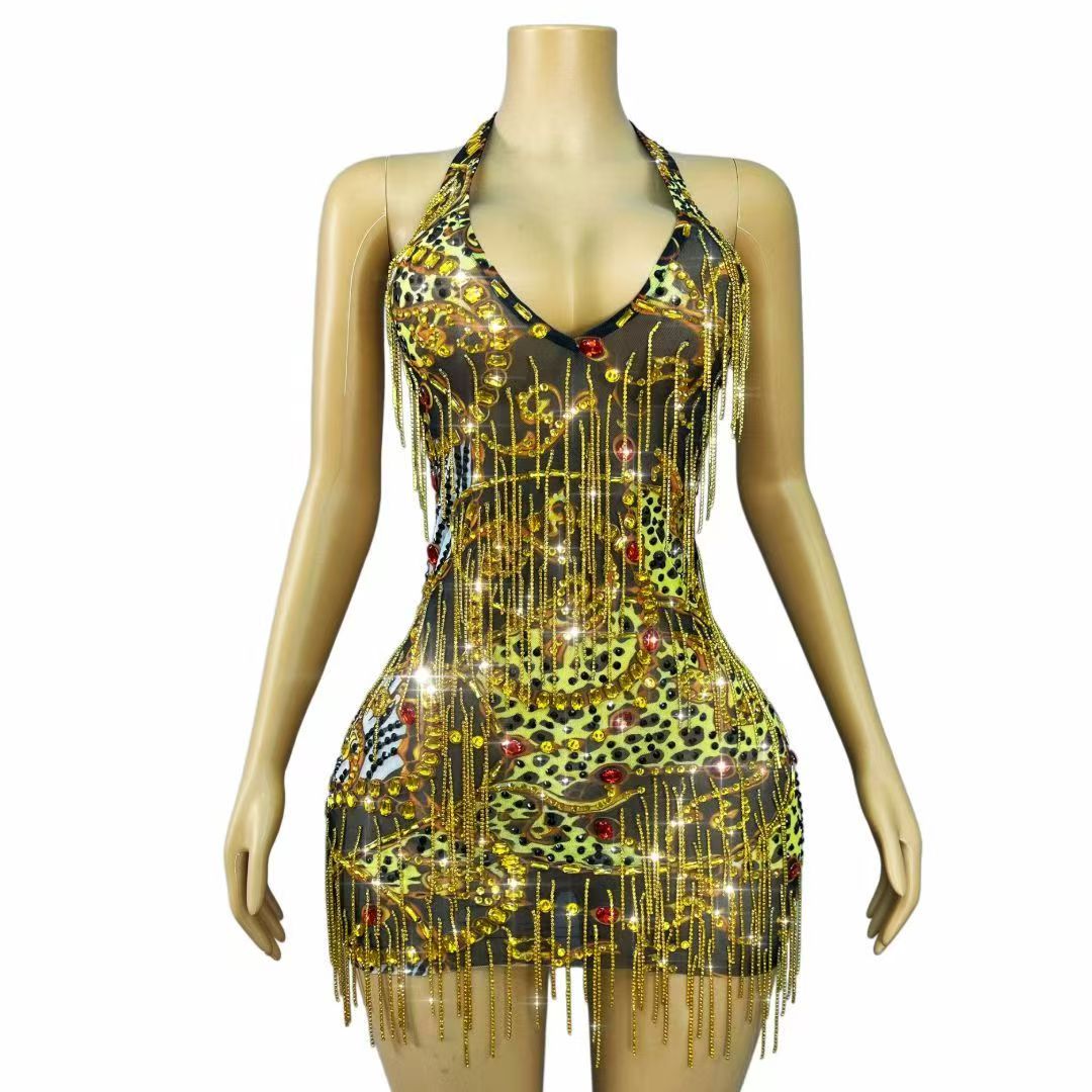 Sparkly Rhinestone Club Party Dress - ชุดเดรสสั้นรัดรูปประดับเพชรทองแวววาว สายคล้องคอ คอวี สำหรับผู้หญิง ใส่ไปงานปาร์ตี้ไนท์คลับ ชุดเซ็กซี่ตาข่ายสั้น