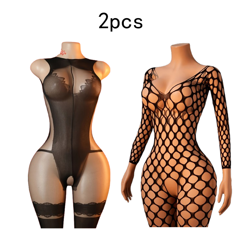 Lingerie - ชุดบอดี้สูทตาข่ายเซ็กซี่สำหรับผู้หญิง แพ็คคู่ – ผ้าโปร่งสีพื้น (สีดำ) ดีไซน์เว้าช่วงต่างๆ