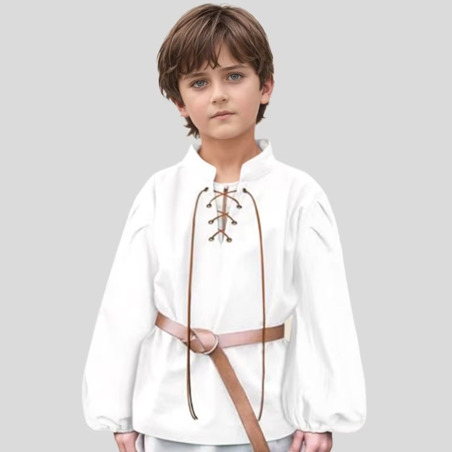 Tops - เสื้อโจรสลัดยุคกลางสำหรับเด็กผู้ชาย เสื้อผูกเชือกสไตล์เรอเนซองส์สำหรับเด็ก เสื้อท็อปชุดกิลลีสไตล์สกอตแลนด์เจคอบไคต์สำหรับฮาโลวีน เสื้อท็อปชุดไวกิ้งและชุดอาณานิคม