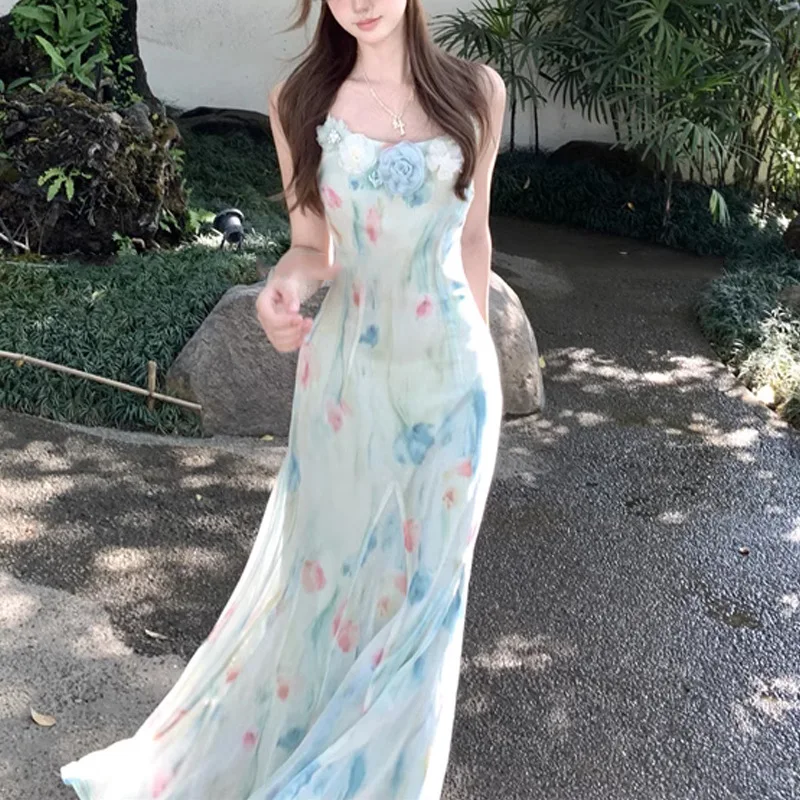 French Vintage Floral Midi Dress - เดรสสไตล์ญี่ปุ่น Y2K น่ารักหวานๆ ลายลูกไม้ดอกไม้ สายเดี่ยว วินเทจ