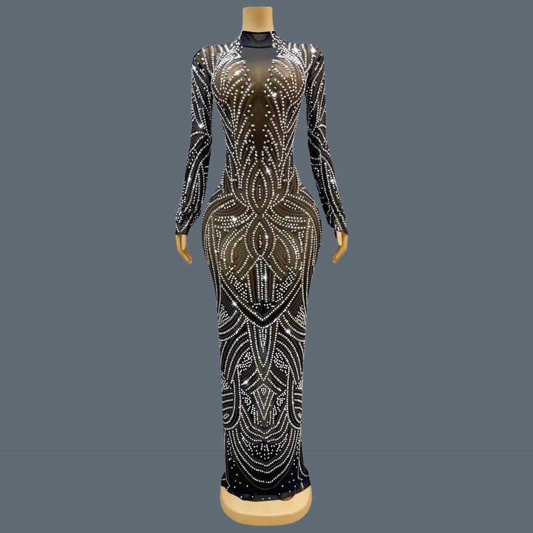 Sparkly Rhinestone Club Party Dress - ชุดราตรีสีดำสไตล์ใหม่ ประดับเพชรระยิบระยับ ดีไซน์หรูหรา ชุดยาวสำหรับงานค็อกเทล งานพรมแดง ชุดเดรสผู้หญิงสง่างาม