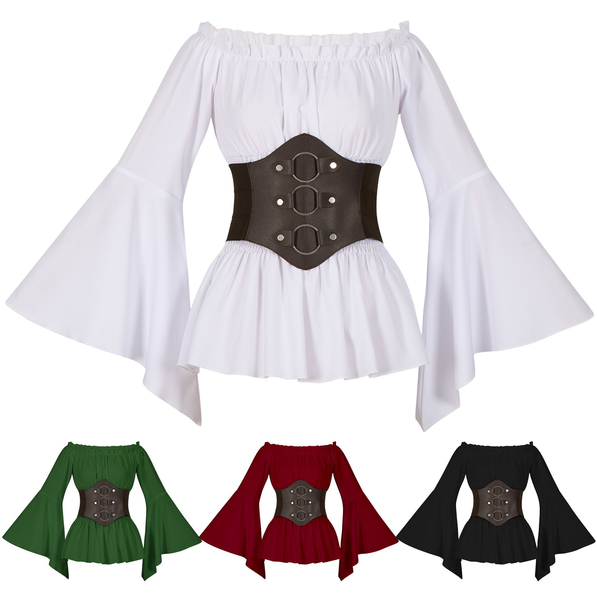 Tops - เสื้อคอร์เซ็ตสไตล์โจรสลัดยุคกลางวิกตอเรีย เปิดไหล่ แขนยาวระบาย ลำลองย้อนยุค ชุดฮาโลวีน