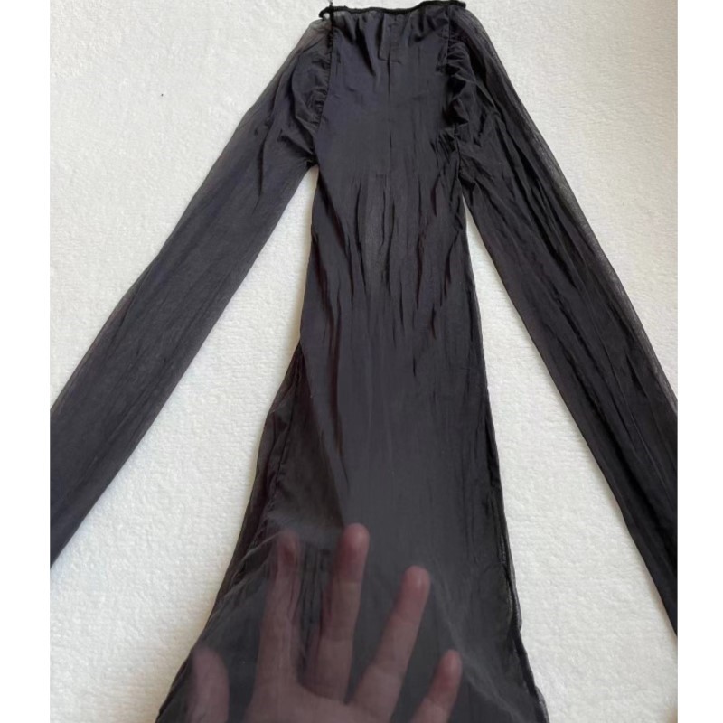 Sexy Mesh Sheer Bodycon Dress - ชุดบอดี้สูทซีทรูเนื้อเนียนเซ็กซี่ ยืดหยุ่นไร้รอยต่อ ชุดชั้นในแบบเดรส แขนยาว กระโปรงทรงดินสอ แนบเนื้อ