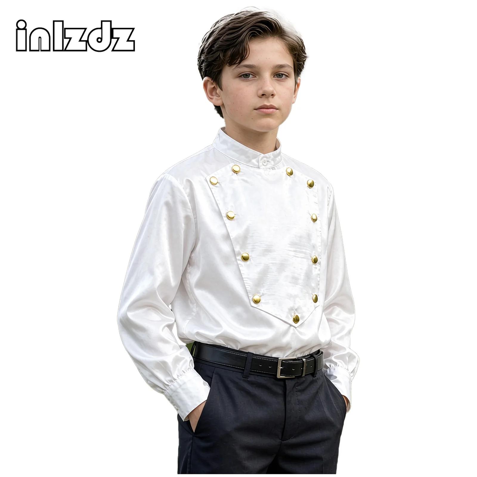 Tops - เสื้อเชิ้ตผ้าซาตินสไตล์วินเทจยุคกลางและยุคฟื้นฟูศิลปวิทยาสำหรับเด็กผู้ชาย ชุดคอสเพลย์แวมไพร์ฮาโลวีน เสื้อเชิ้ตแขนยาวสำหรับงานปาร์ตี้ทางการสไตล์วิคตอเรียน