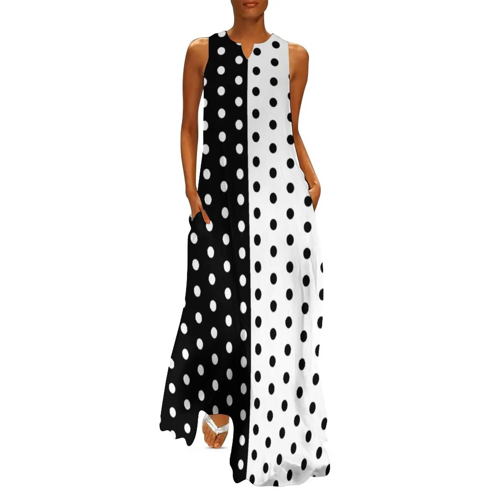 Boho Summer Beach Maxi Dress - Retro Two Tone ชุดฤดูใบไม้ผลิสีดําสีขาว Dot Street