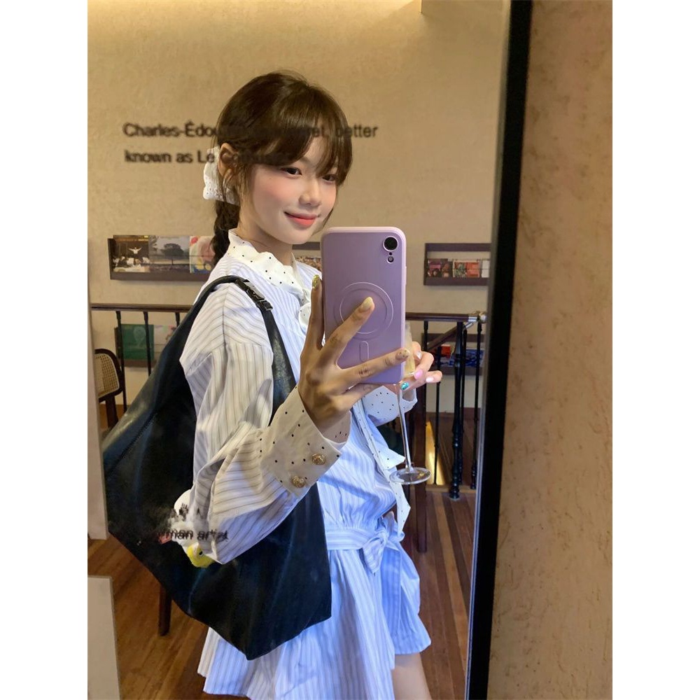 Korean Style A Line Shirt Dress - ชุดเดรสแขนยาวลายทางสไตล์เกาหลีหวานๆ สำหรับผู้หญิง ฤดูใบไม้ร่วง กระโปรงทรงเอเข้ารูป เอวเข้ารูป