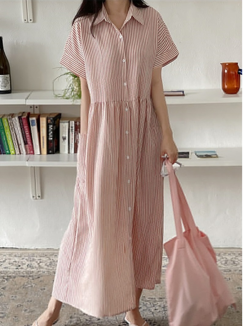 เดรสเชิ้ตลายทางสไตล์เกาหลีแบบเ - Casual Loose Linen Shirt Dress บทวิจารณ์และราคา