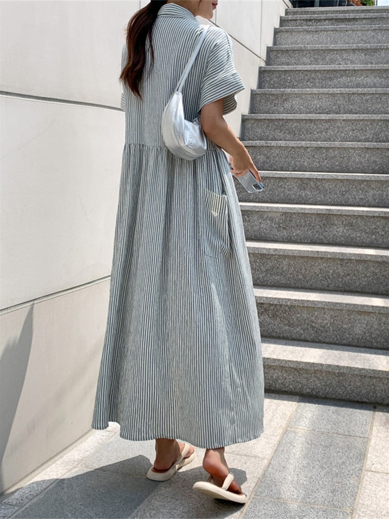 เดรสเชิ้ตลายทางสไตล์เกาหลีแบบเ - Casual Loose Linen Shirt Dress บทวิจารณ์และราคา