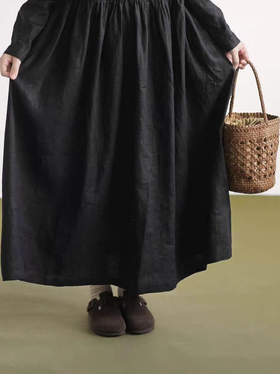 เดรสผ้าลินินแขนยาว คอปกผ้าลูกไ - Casual Loose Linen Shirt Dress บทวิจารณ์และราคา