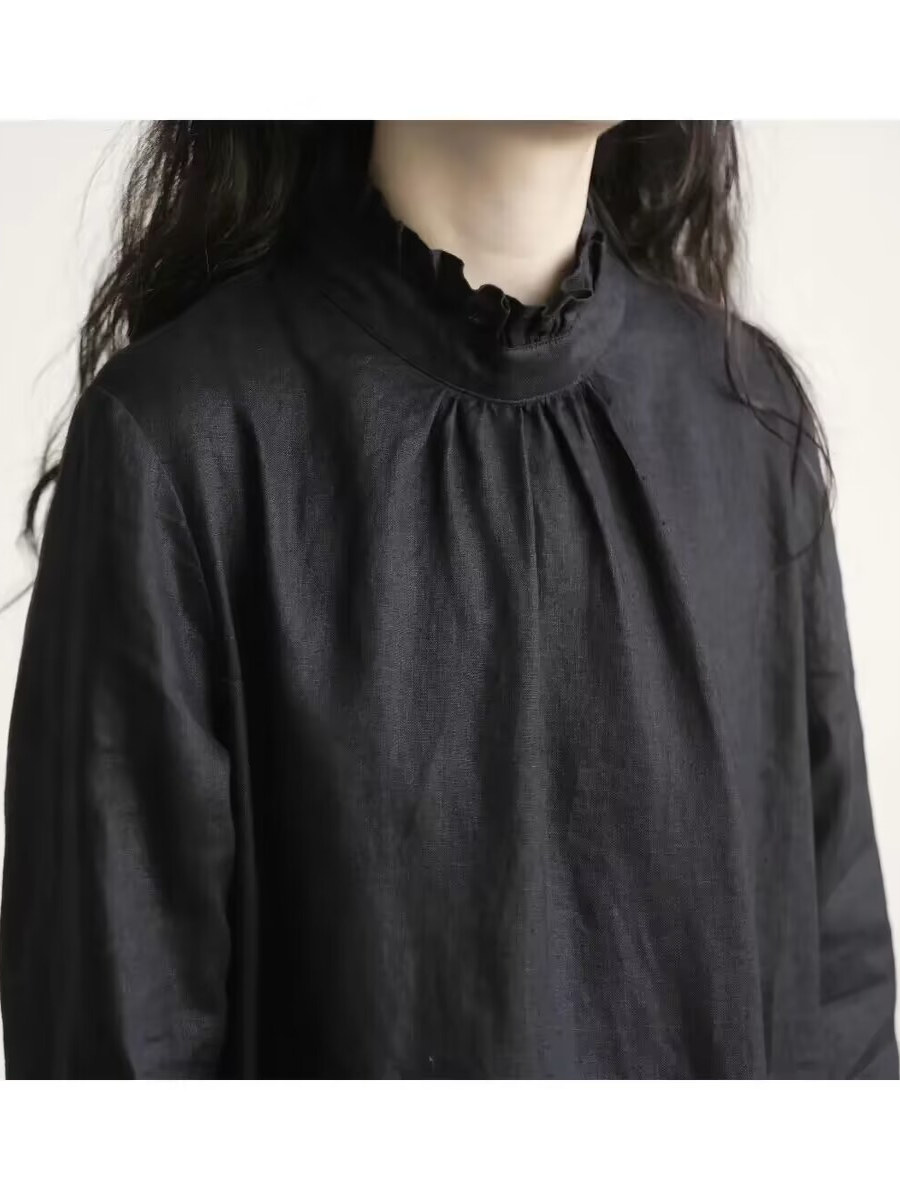 เดรสผ้าลินินแขนยาว คอปกผ้าลูกไ - Casual Loose Linen Shirt Dress บทวิจารณ์และราคา