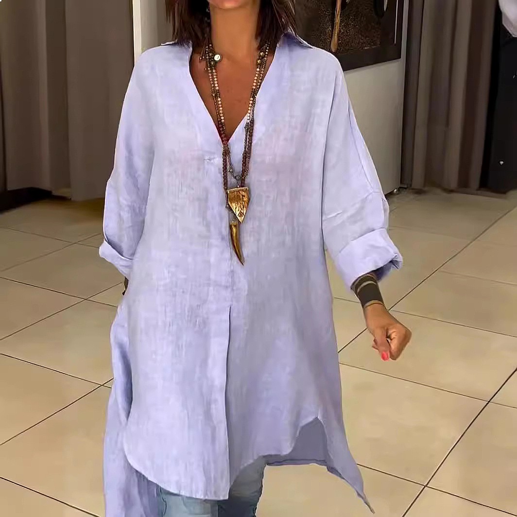 เสื้อเชิ้ตเดรสผ้าลินินสำหรับผู - Casual Loose Linen Shirt Dress บทวิจารณ์และราคา