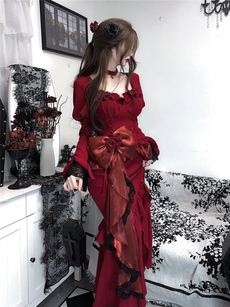 ฤดูใบไม้ผลิสีแดงชุดวินเทจผู้หญ - French Vintage Floral Midi Dress บทวิจารณ์และราคา