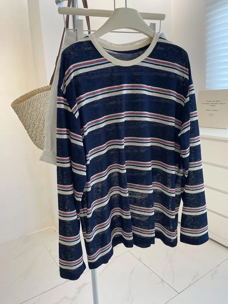 เสื้อแขนยาวลายทางสีน้ำเงินขาวส - Blouses บทวิจารณ์และราคา