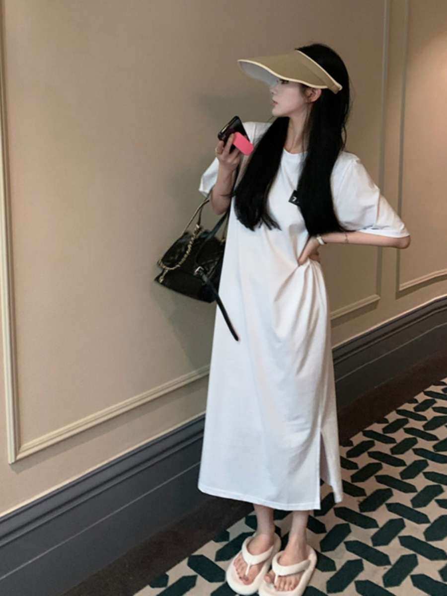 ชุดเดรสเสื้อยืดแขนสั้นสีดำสำหร - Korean Style A Line Shirt Dress บทวิจารณ์และราคา