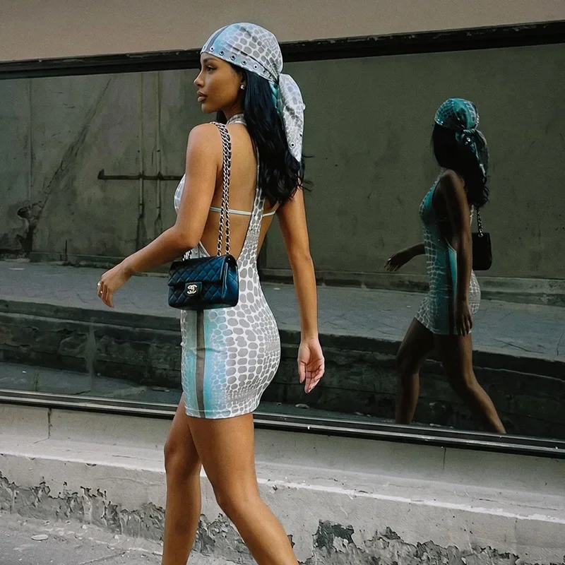 มินิเดรสผู้หญิงลายเสือดาวสไตล์ - Y2K Backless Halter Mini Dress บทวิจารณ์และราคา