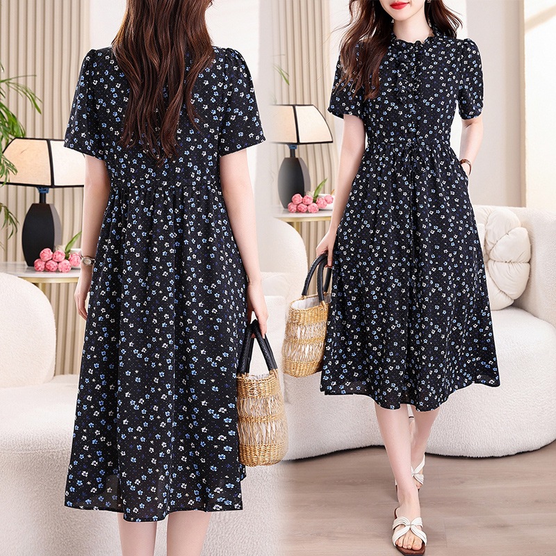 เดรสวินเทจสีน้ำเงินกรมท่าพิมพ์ - French Vintage Floral Midi Dress บทวิจารณ์และราคา