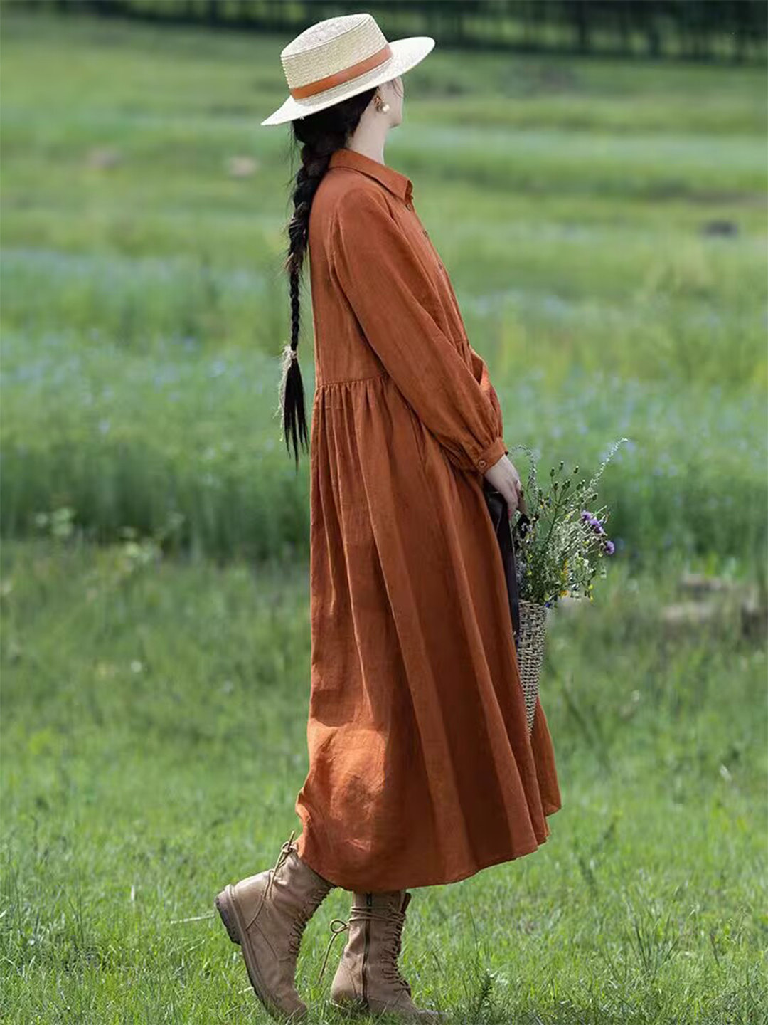 ชุดเดรสยาวผ้าลินินสีส้มสำหรับผ - Casual Loose Linen Shirt Dress บทวิจารณ์และราคา