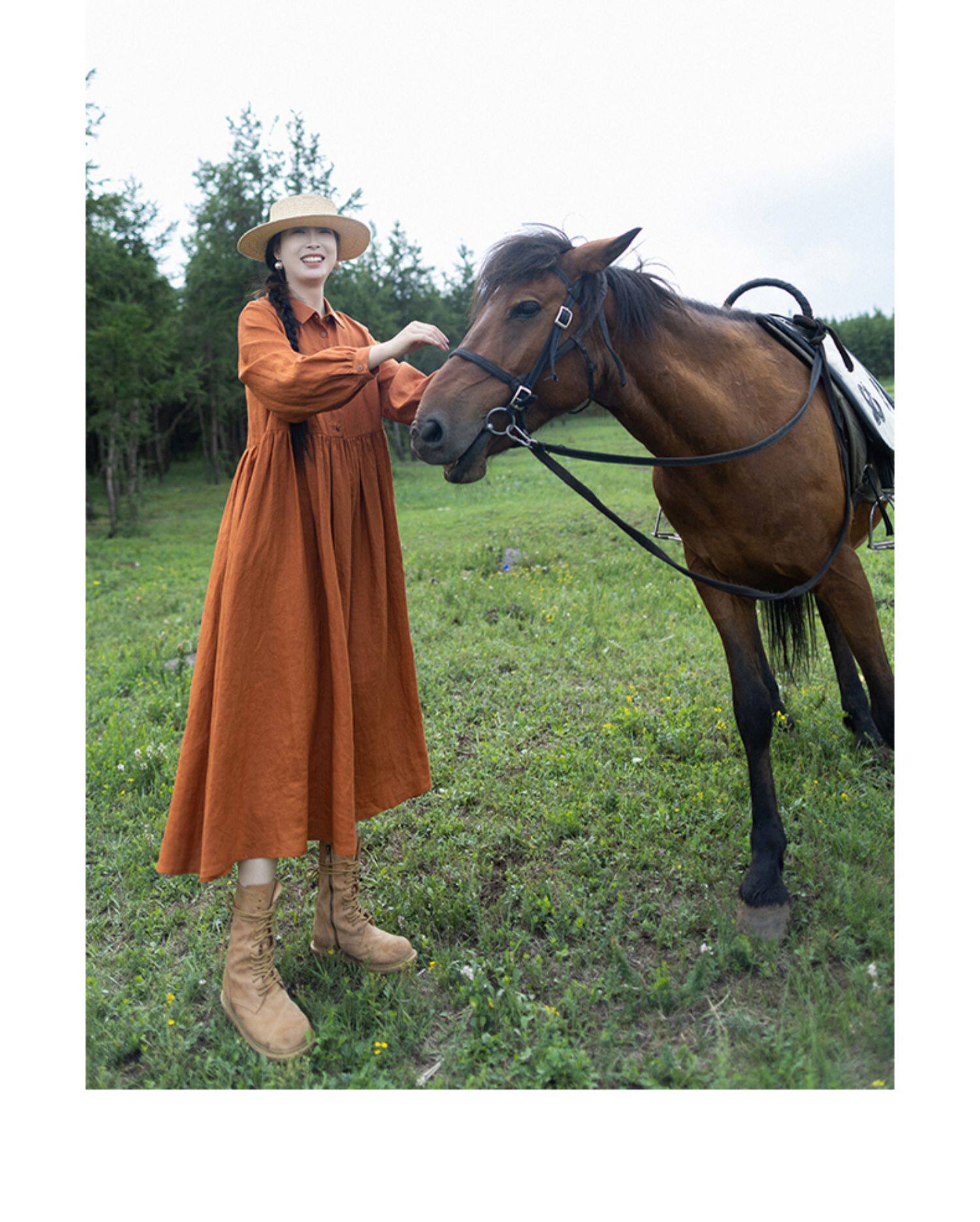 ชุดเดรสยาวผ้าลินินสีส้มสำหรับผ - Casual Loose Linen Shirt Dress บทวิจารณ์และราคา