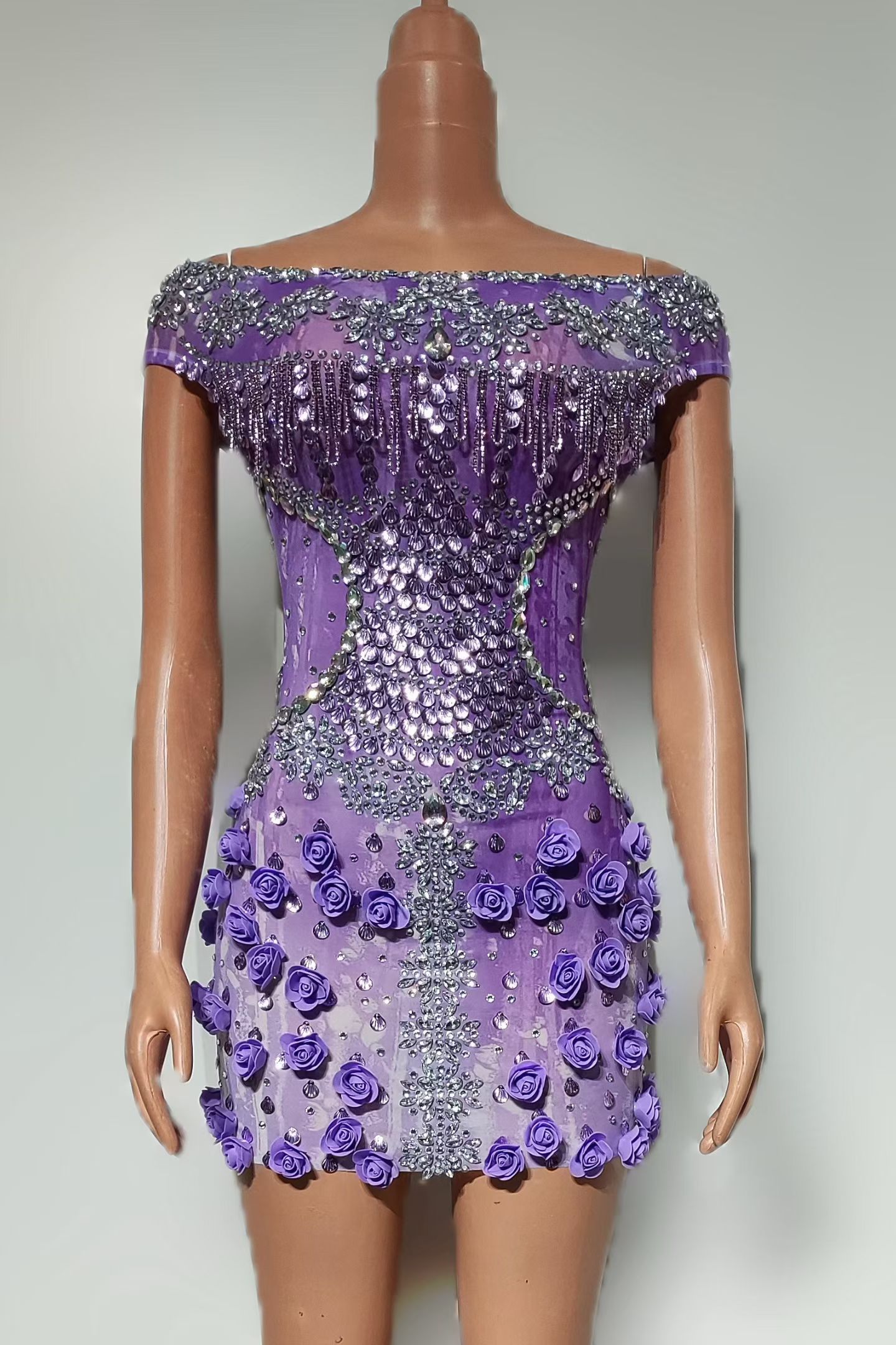 ชุดเดรสสั้นประดับคริสตัลสีม่วง - Sparkly Rhinestone Club Party Dress บทวิจารณ์และราคา